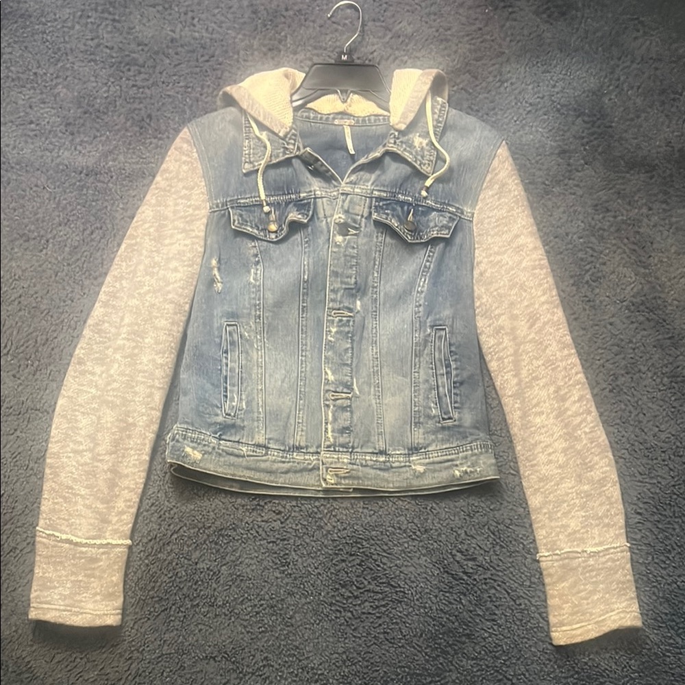 Free People Denim Hooded Jacket with Gray Sleeves